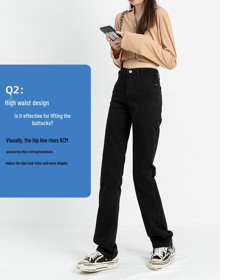 2025 Women's High Waist Black Straight Leg Jeans – Tall, Slimming, Extra Long Trendy Mop Pants
