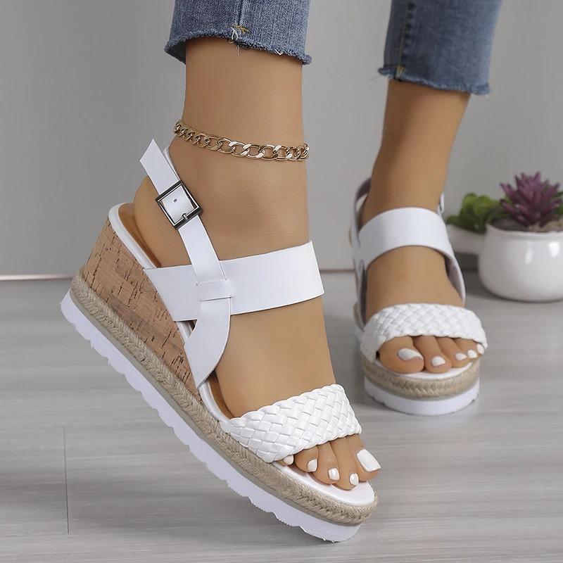 White Braided Wedge Sandals Women Summer 2025 Light Non Slip Beach Shoes Woman Fashion Buckle Strap Platform Sandalias De Mujer