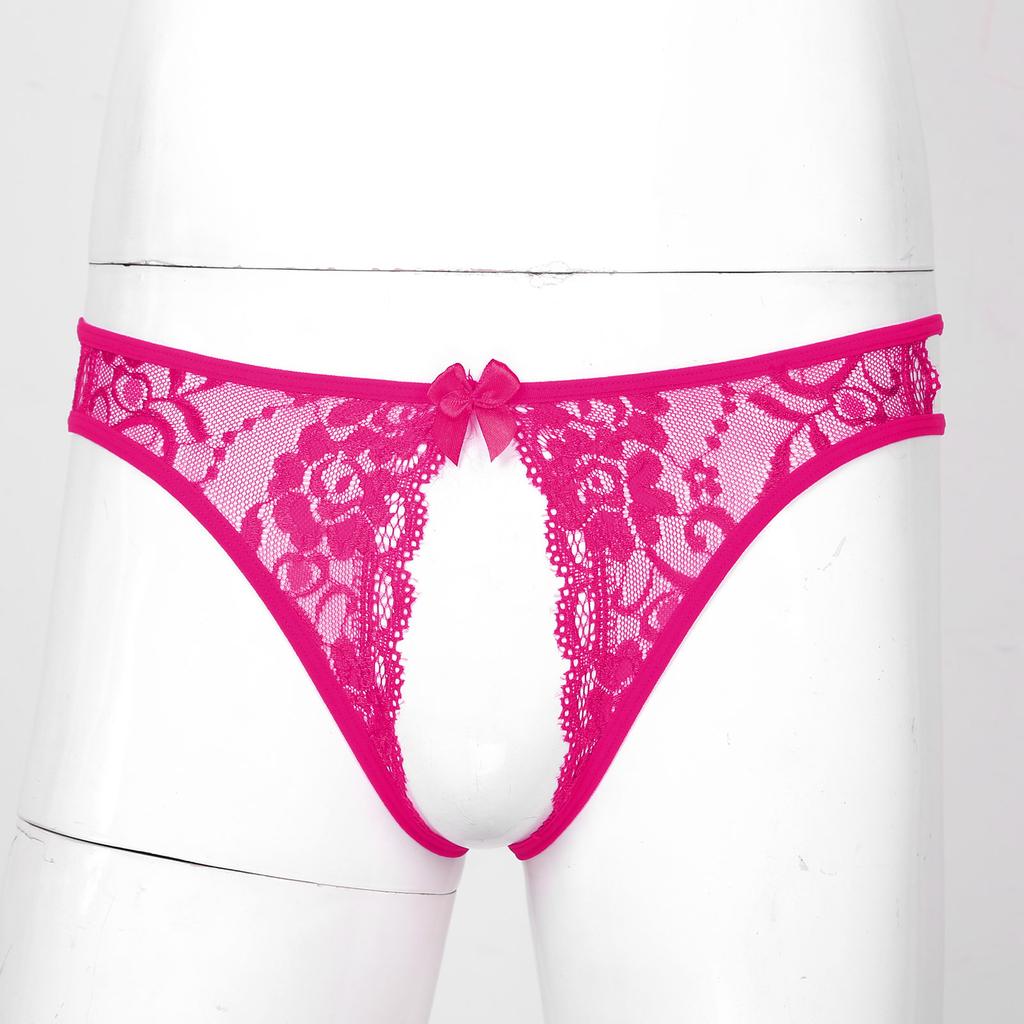 Male Sexy Lingerie Men Floral Lace Crotchless T-back Briefs Hollow Out Thong Briefs Nightwear Sleepwear