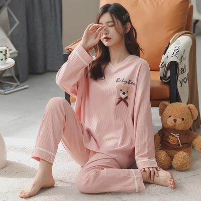 Damen Baumwoll-Pyjama-Set mit V-Ausschnitt - Langarm, einfarbig, Bärenprint, lockere Passform, Frühling/Herbst