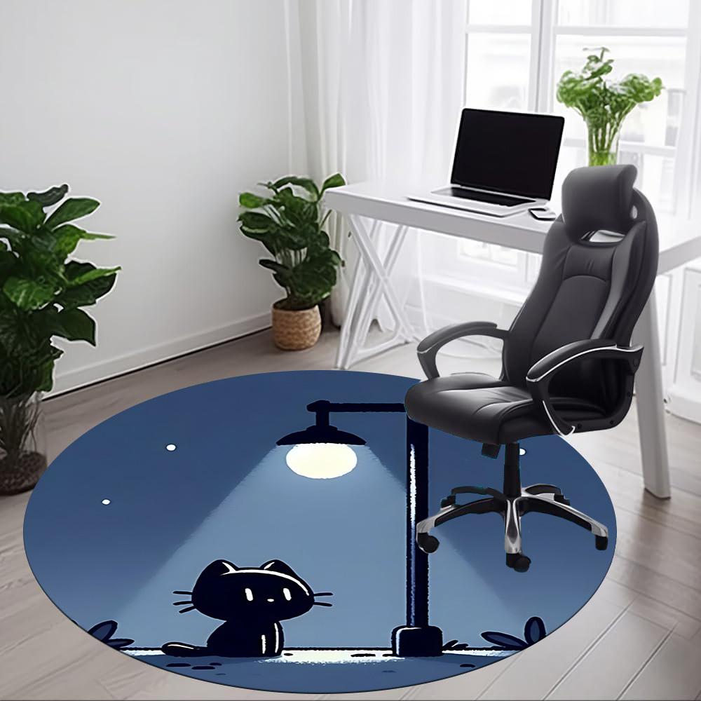 1pc Night Cat Office Round Area Rug, Indoor Mat Suitable For Office, Under Office Chairs Bedroom Living Room Home Decor, Room Deco 078
