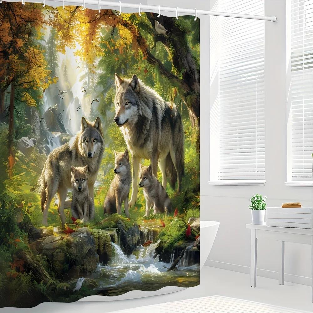 Wolf Family Shower Curtain Waterproof Bathroom Partition Fabric Panel With Hooks Nature Wildlife Decor Home Accessories