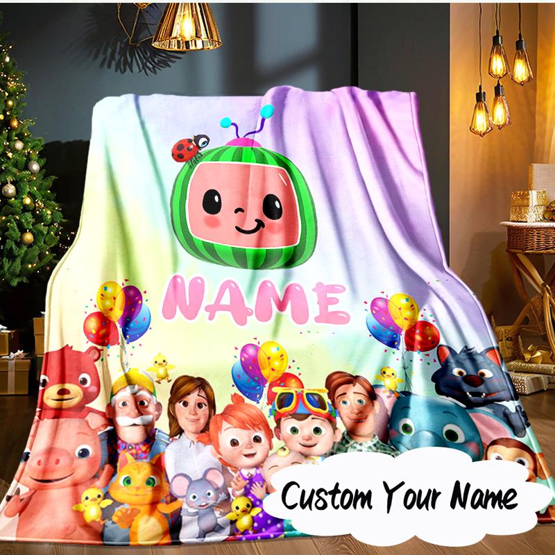 Custom Name Cocomelon Party Celebration Blanket Ideal Bedding Blanket Perfect for Travel, Camping, Living Rooms, Offices, Sofas, Fan Christmas gift