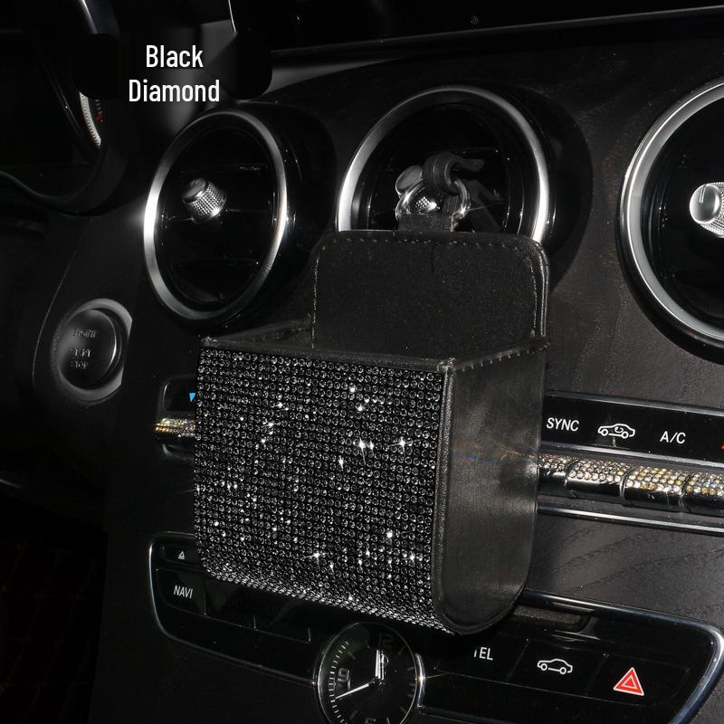 Rhinestone Leather Car Air Vent Organizer Bag - Multifunctional Lambskin Storage Box