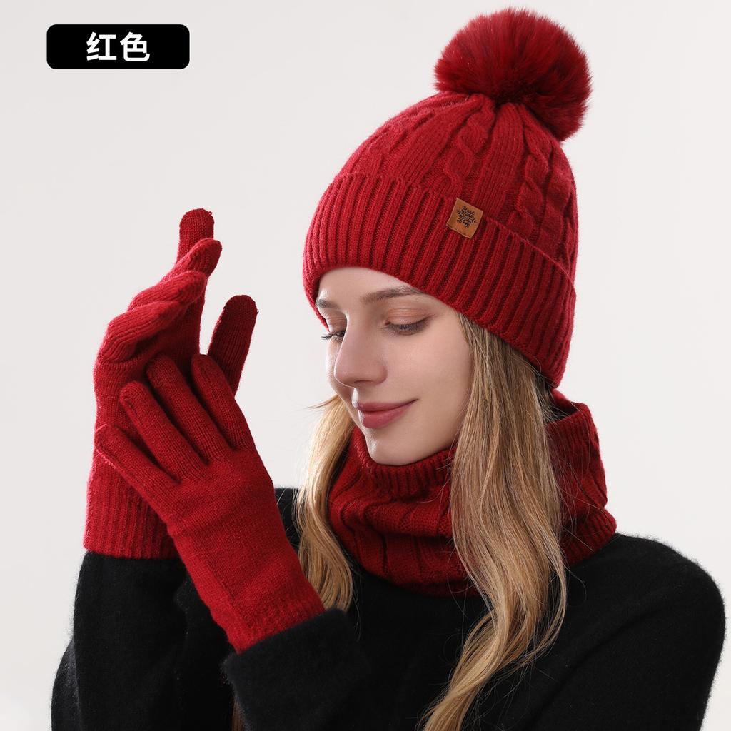 Winter knitted hat, gloves hat, scarf three-piece set, winter women's outdoor riding double-layer knitted hat