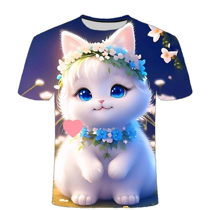 Summer Men's Cute Cat 3D Printed Short Sleeved T-shirt Street Style Urban Fashion Round Neck Top Niche Comfortable Casual Loose Pullover