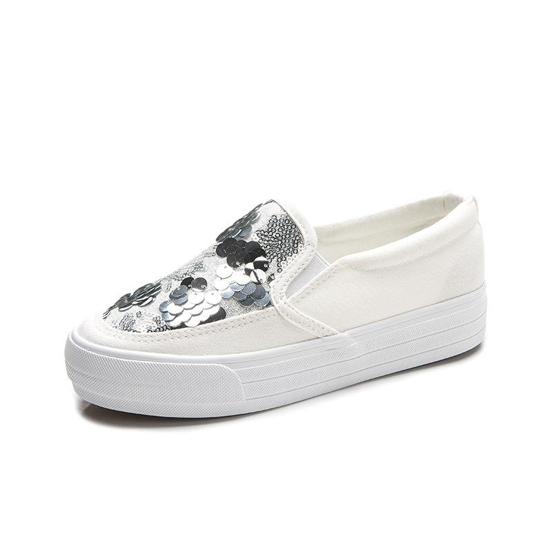 Women's White Canvas Loafers Glitter Platform Low Top Slip-On Casual Shoes Comfort for Daily Walking Sneakers for Girls