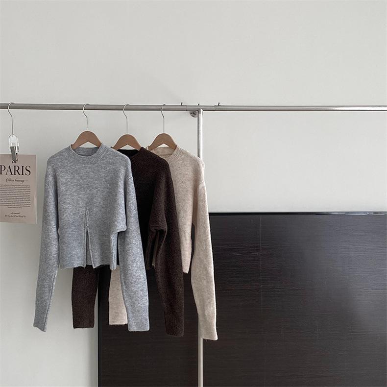 Autumn and Winter Short Zip Pullover Sweater Women's Waisted Round Neck Pullover