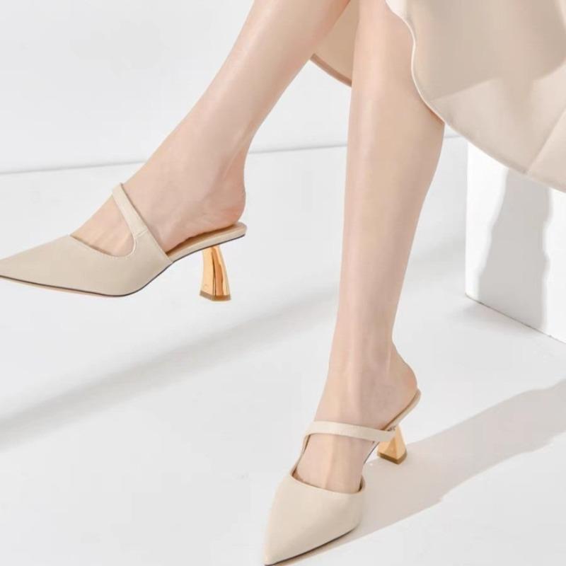 Women's Slippers and Ladies Sandals Leather Sexy Slides Black Shoes Pointed Toe Mules Vip Eva Korea Style Chic Elegant on Sale