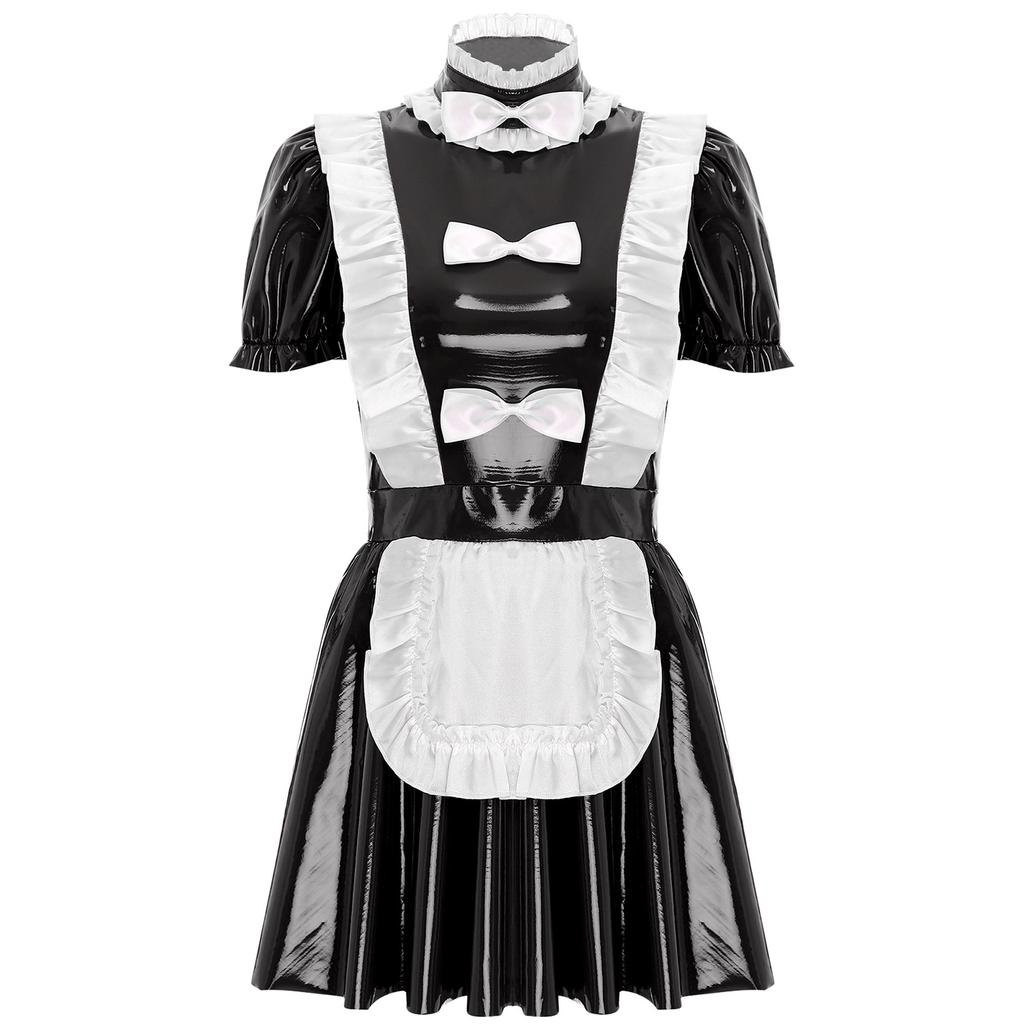 Womens Glossy Patent Leather Maid Dress Ruffled Apron Puff Sleeve Clubwear Party Dress