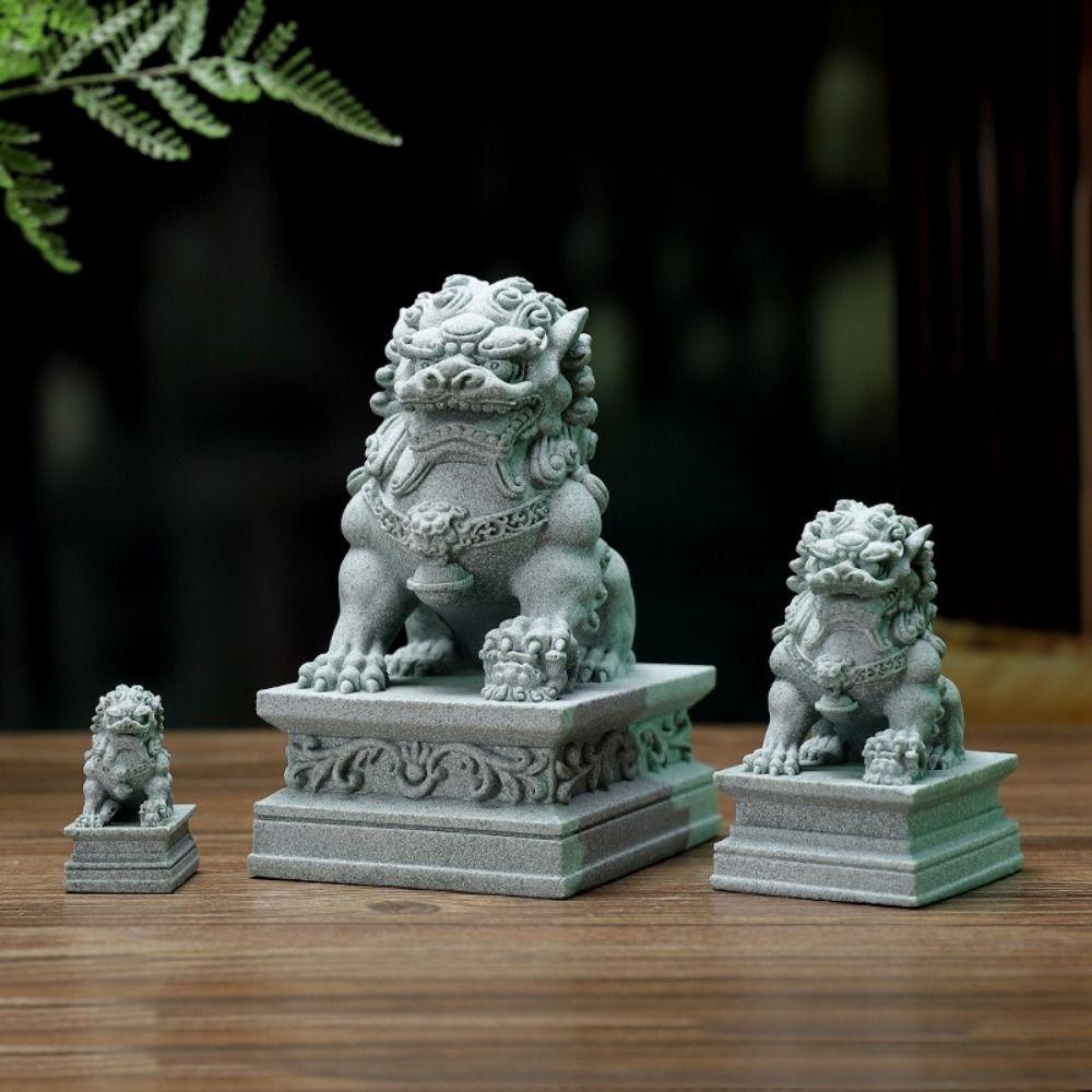 2Pcs Traditional Craft Guardian Lion Statue Sandstone Desktop Adornments  Zen Room