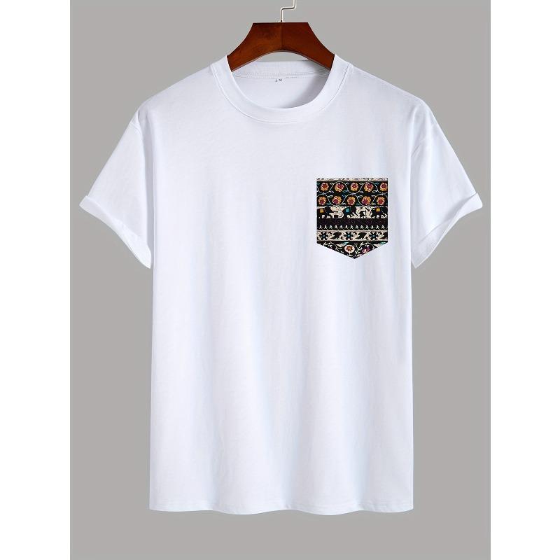 Men's Solid Color Short Sleeve T-Shirt, Ethnic Style Pocketed Tee with Random Print on Pockets, Round Neck Short Sleeve Shirt