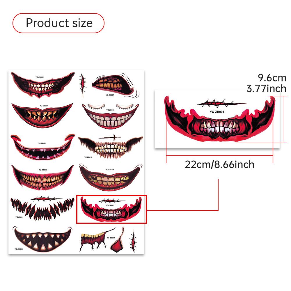 Halloween Temporary Tattoo Stickers Waterproof Horror Lips DIY Stickers Big Mouth Fake Tattoos Scar Special Facial Funny Makeup