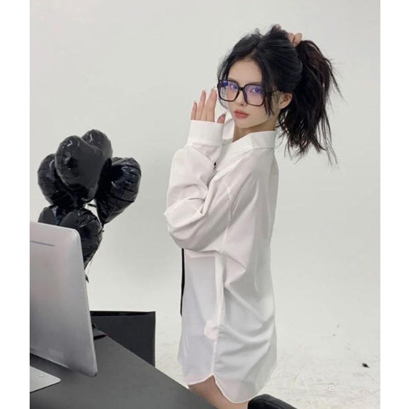 Women's White Shirt: New Spring/Fall Loose-Fit Long-Sleeve Base Layer Shirt + Tie