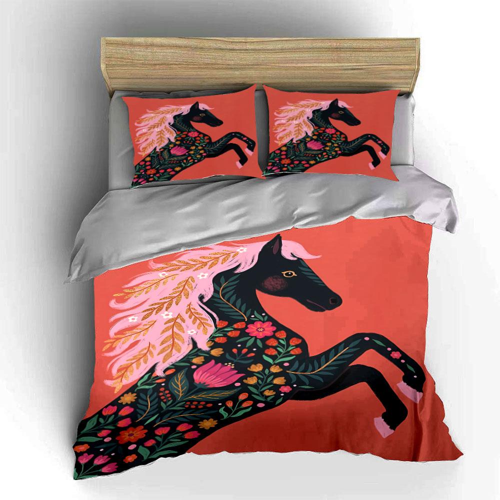 Black horse, floral accents. Bedding sets Duvet cover sets Duvet covers Pillowcases(1* Duvet Cover 2* Pillowcases without duvet insert)