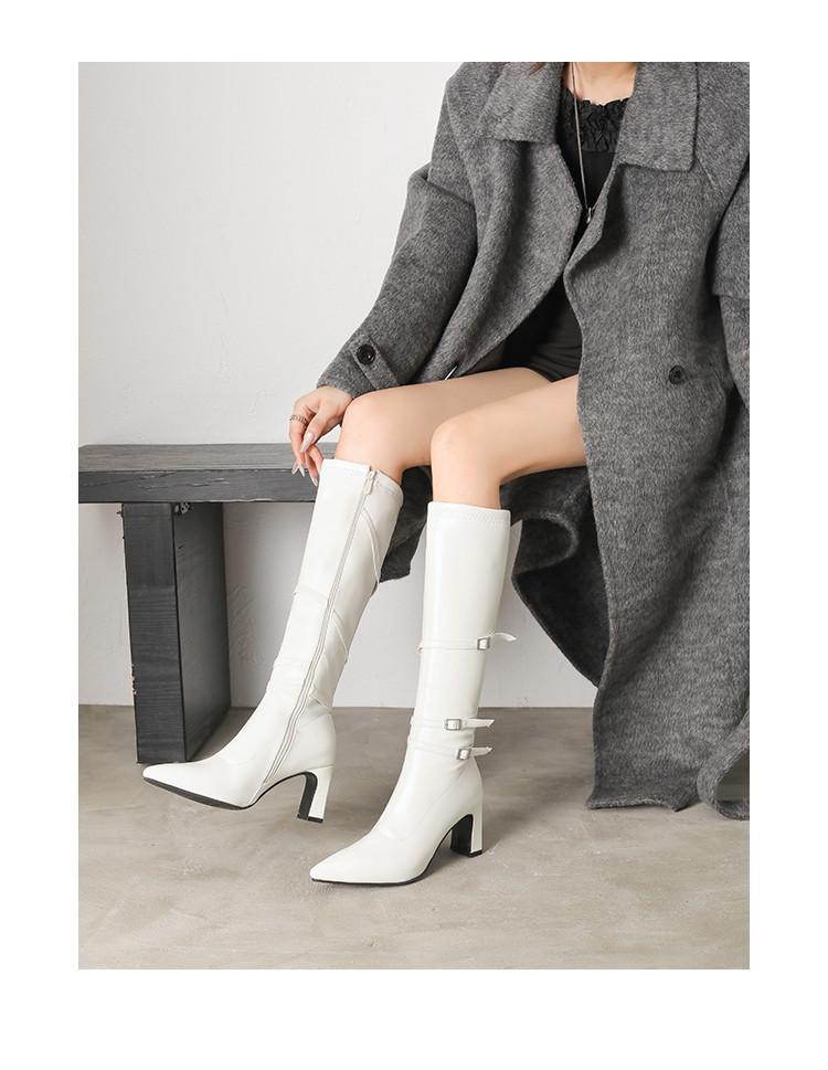 White Thick Heel High Heel Boots Women's European and American Patent Leather Thick Heel Square Head Belt Buckle Knight Boots But Knee Fashion Boots