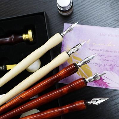 1pcs Stainless Steel Tip Calligraphy Pen Wooden Rod Signature Pen Multi-functional Dip Pen  Students