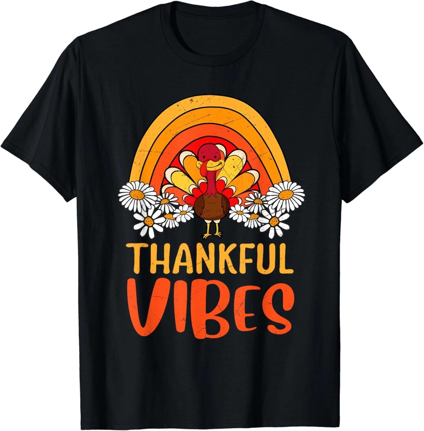 Thankful Vibes Turkey Retro Groovy Thanksgiving Rainbow Gift Unisex T-Shirt S