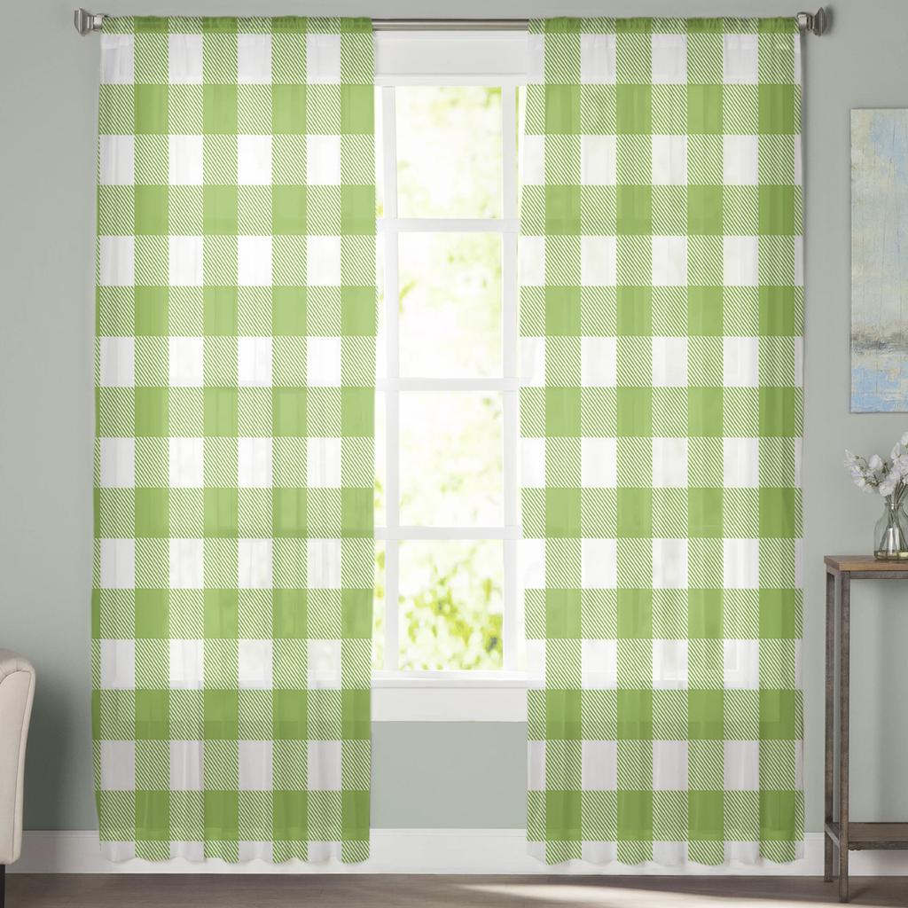 Green White Plaid Window Treatment Tulle Modern Sheer Curtains for Kitchen Living Room the Bedroom Curtains Decoration
