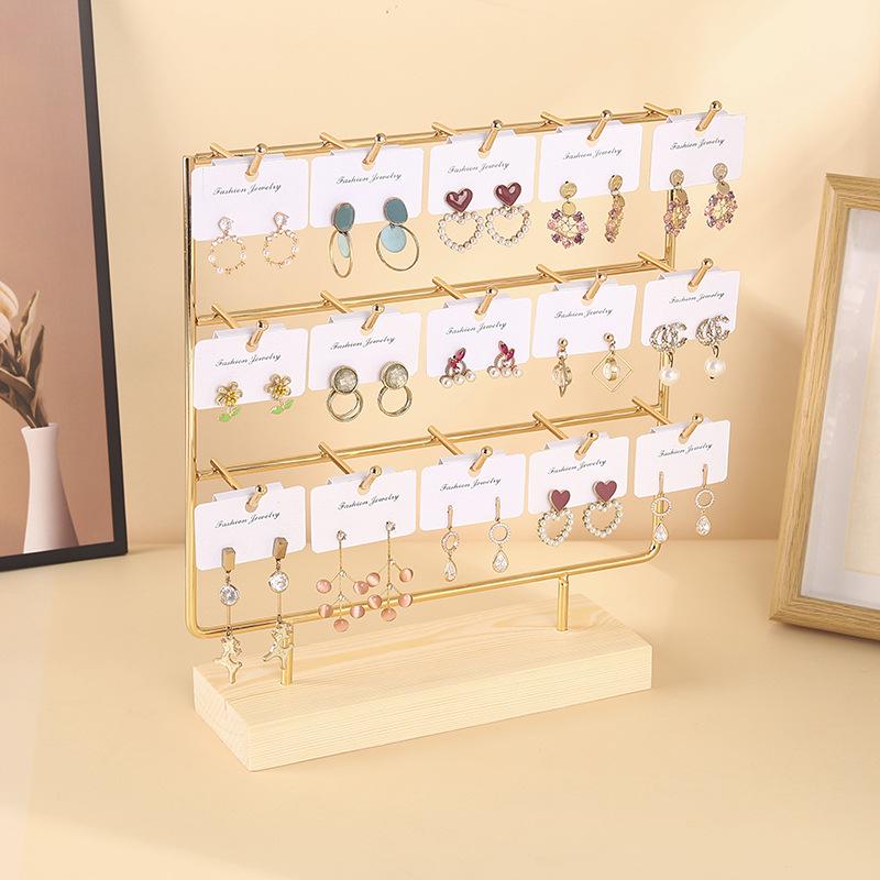 Solid Wood & Wrought Iron Earring Stand with Hooks - Jewelry Display & Storage Rack with Cardboard Packaging