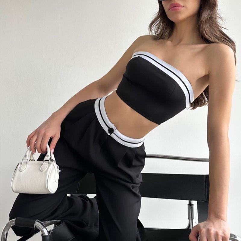European and American Gyaru Contrast Color Tube Top Vest Wide Leg Pants Set Women Tight and Wide Leg Pants Set