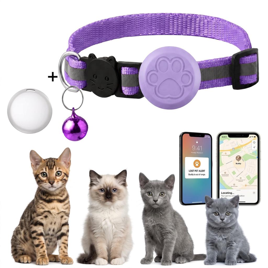 Reflective Cat Dog Collar with Smart GPS Tracker 2-in-1 Bundle Adjustable Anti-Lost Location Finder Safety Buckle Bell 3