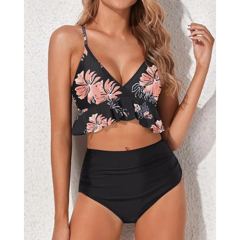 Bikiny s vysokým pasem Plavky Jednobarevné Oddělený design Detaily s listovým okrajem Čínská značka Dámské módní plavky