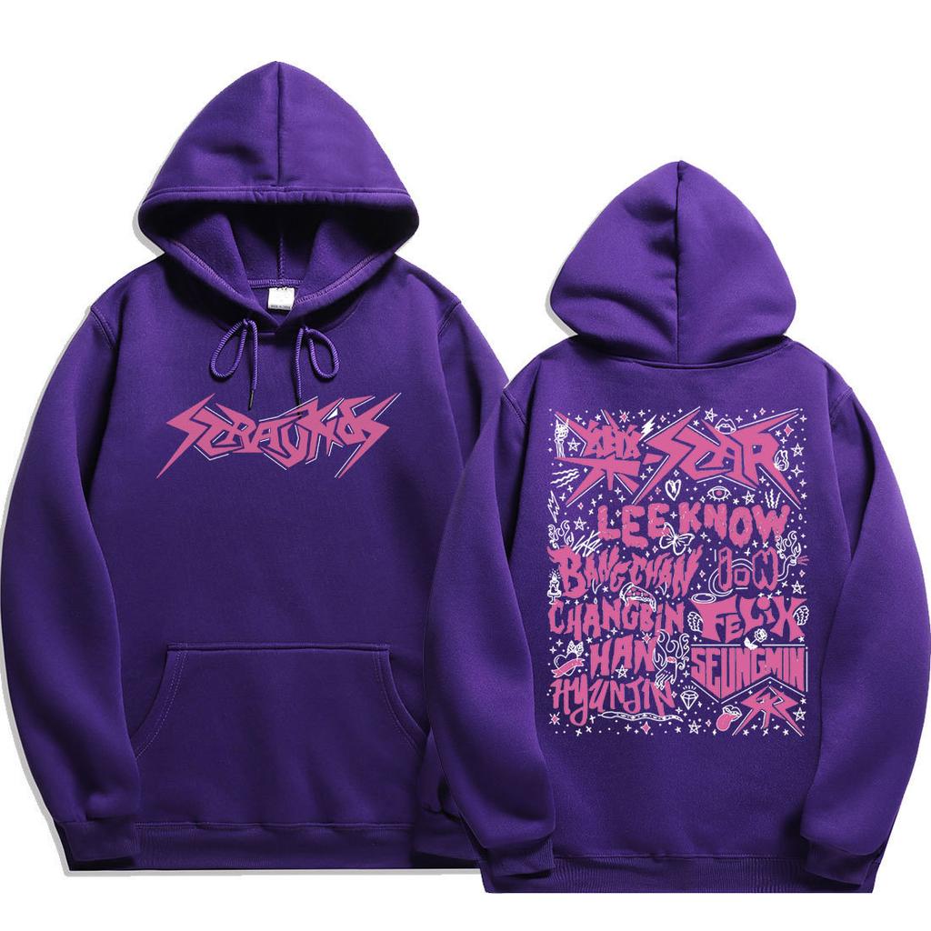 Stray Kids Pink Doodle Names Hoodie Front Stray Kids Metal Logo & Back Pink Rock‑Star Doodle All 8 Members Names & Stars, Oversized K‑Pop Fan Pullover
