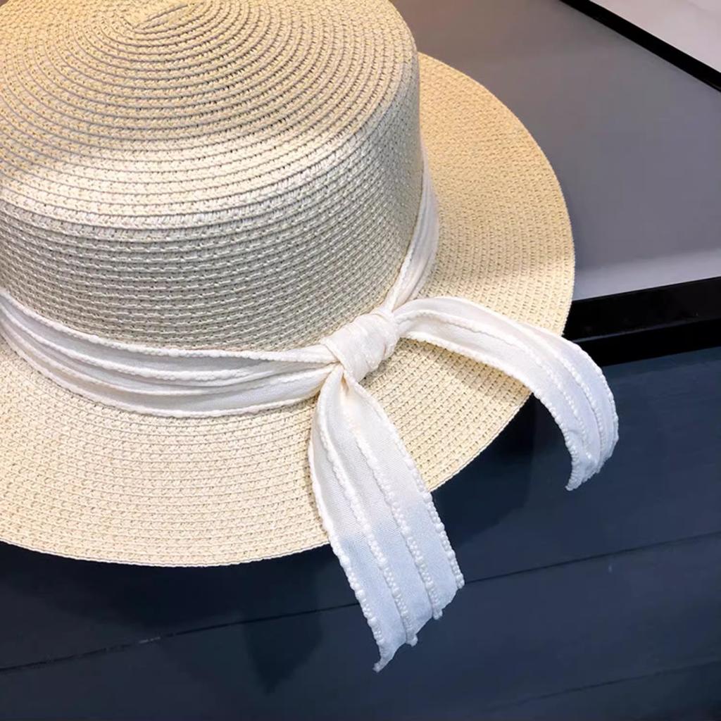 Women's Summer Straw Hat with Ribbon, Wide Brim Sun Protection Beach Cap, Elegant Flat Top Fisherman Hat for Outdoor Use