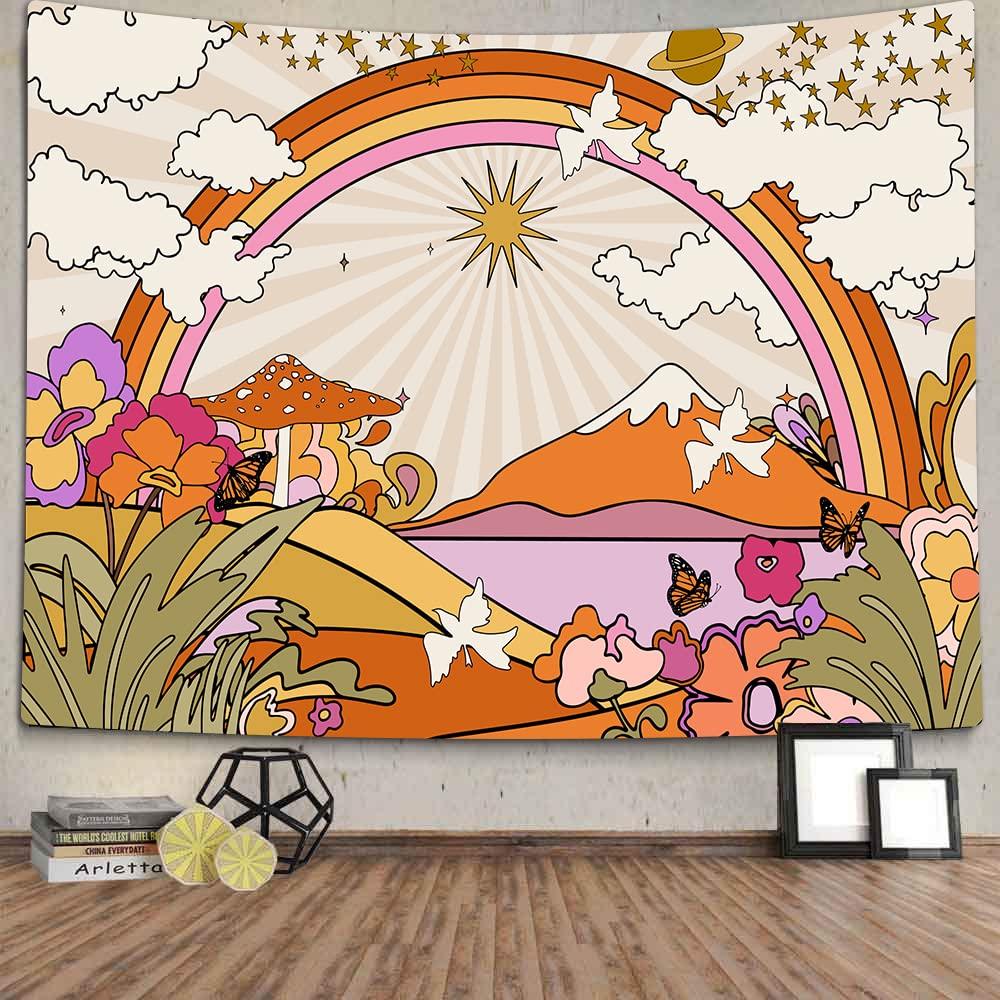 Vintage 70s 60s Groovy Tapestry,Retro Flowers Clouds Sun and Rainbow Tapestry Wall Hanging,Boho Hippie Psychedelic Tapestry 100X70CM