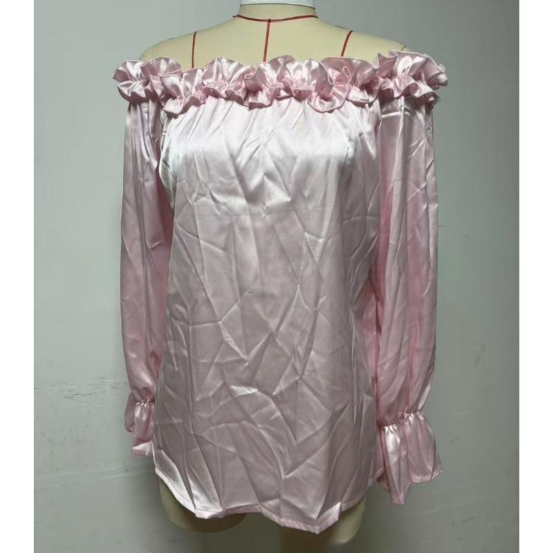 Spring and Autumn Leisure Lotus Leaf Edge Off Shoulder Long Sleeve Elegant Style Women’s Blouses & Shirts