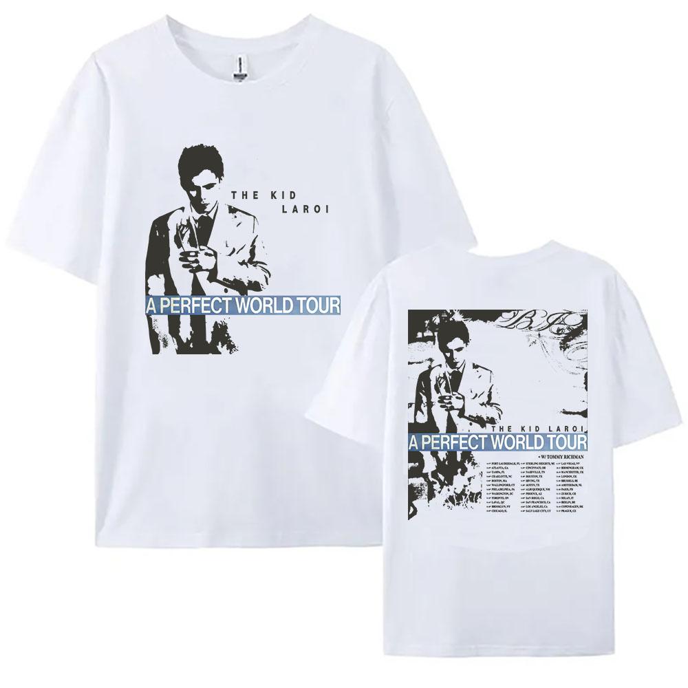 

Футболка A PERFECT WORLD TOUR 2026 THE KID LAROI Дизайн Певец Принт Футболка Женская Мужская Одежда Короткий Рукав Свободный Хлопок Футболки Топ XS белый