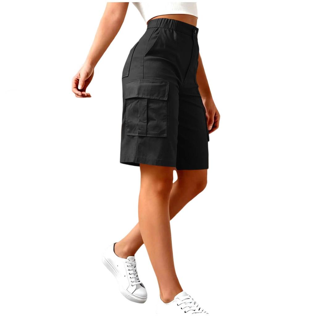 Women High Waist Cargo Shorts Loose Fit Knee Length Casual Utility Shorts with Multiple Pockets for Outdoor Wear