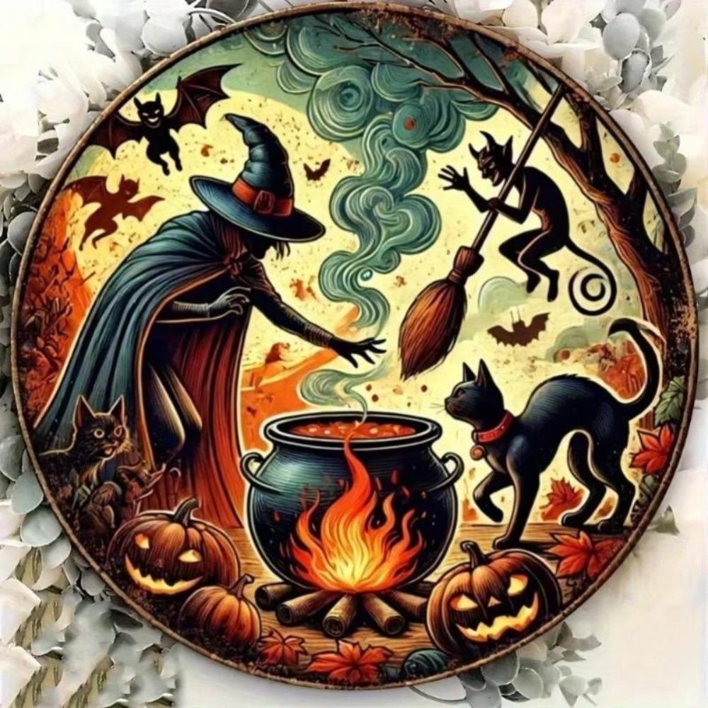 Vintage Halloween Witch Cat Metal Sign Rustic Wall Art