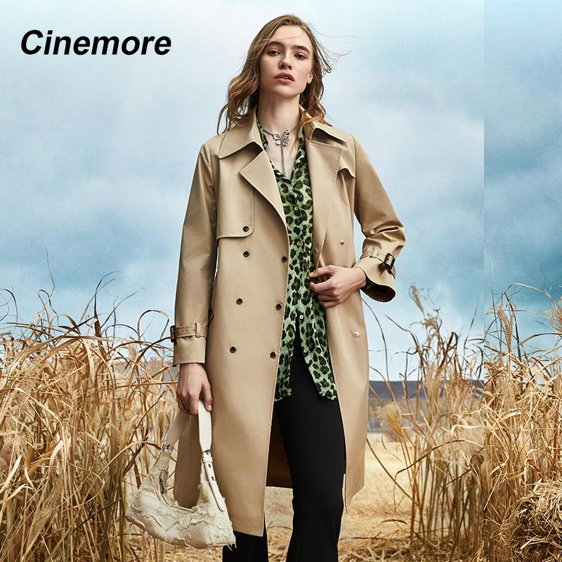 Cinemore Podzimní dlouhý trenčkot pro ženy Ležérní bunda Větrovka Dvouřadá klopa Přepásaný kabát Dámský elegantní kabát