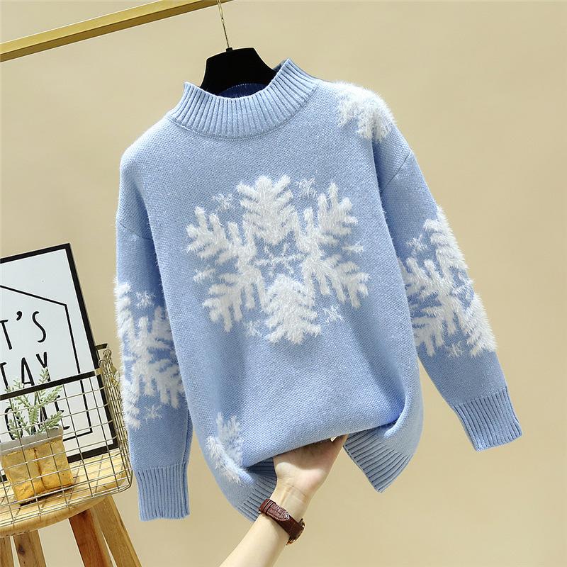 Loose Snowflake Turtleneck Sweaters Women Pullover Knitted Sweaters Plus Size Casual Solid Long Sleeve Sweater Coat