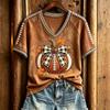 Women's V-Neck Rugby Print T-Shirt Short Sleeve Casual Summer Top for Women