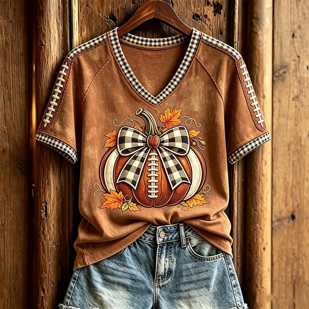 Women's V-Neck Rugby Print T-Shirt Short Sleeve Casual Summer Top for Women
