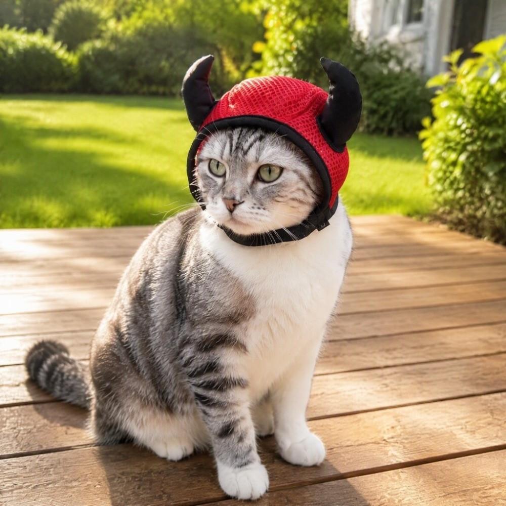 Atmungsaktive Netz-Katzen-Sedierungshaube Teufelshörner Halloween-Katzenhut Haustierbedarf