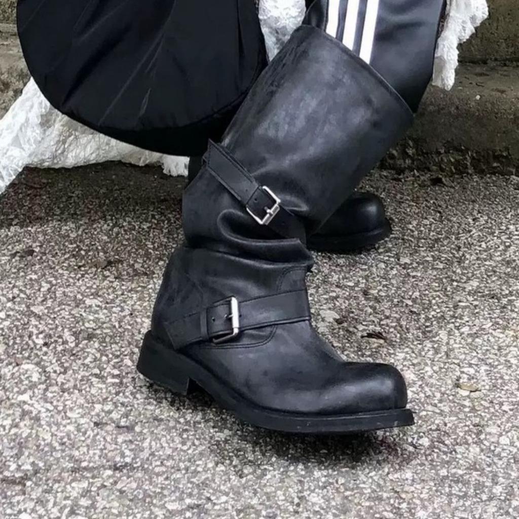 Women's Oxhide Distressed Slouchy Boots Double Buckle Strap Mid Calf Vintage Style Chunky Heel Edgy Fashion Ladies Ankle Boots