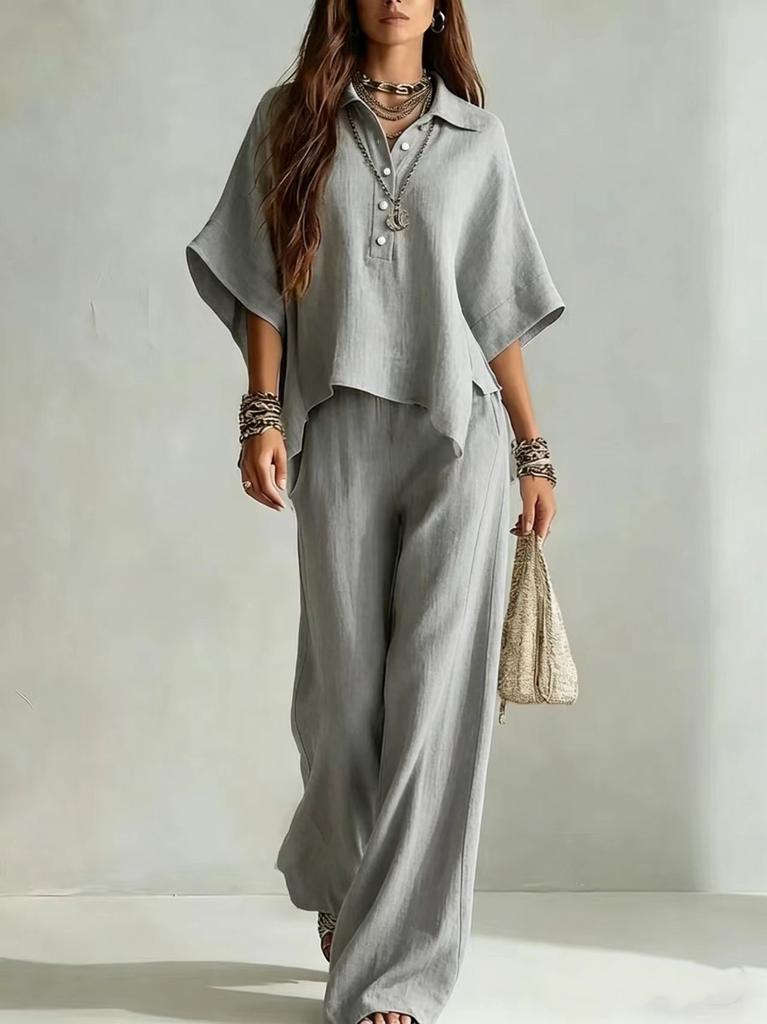 2026 New European and American Style Linen Wide-leg Pants Set Women's Summer Loose Shirt Two-piece Set Fashion Casual Trendy