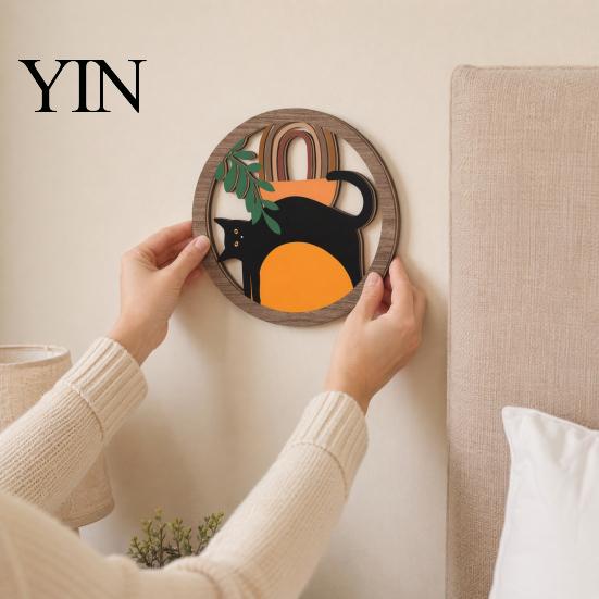 Layered Wood Wall Hanging 4Pcs 3D Boho Cat Decoration, Round Wooden Hangings, Animal Star Sun Moon Art Botanical Decor, Plaque for Living Room Bedroom