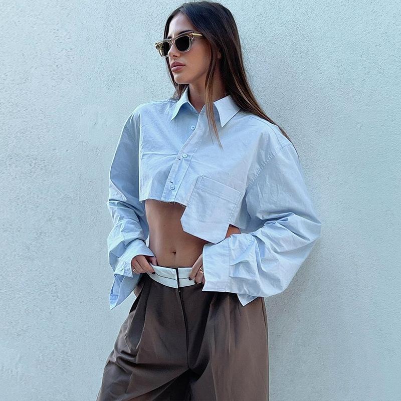Autumn Fashion Chic White Women Blouse Sexy Lapel Long Sleeve Crop Shirts Lady Streettop Woman Blusas Clothing Pockets