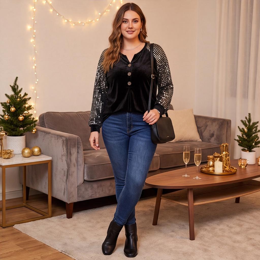 Women's V-Neck Long Sleeve Blouse with Sequins and Button Front for Casual Wear