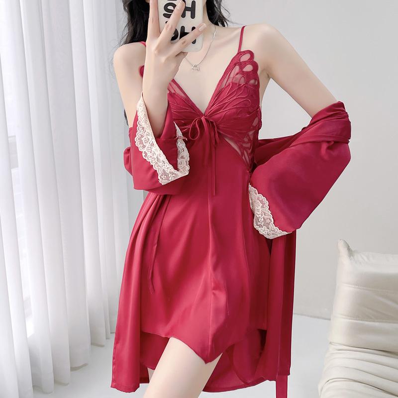 Butterfly Lace Backless Ice Silk Pajamas with Chest Pads – Women's Thin Sexy Camisole for Summer, Spring, and Autumn Nights