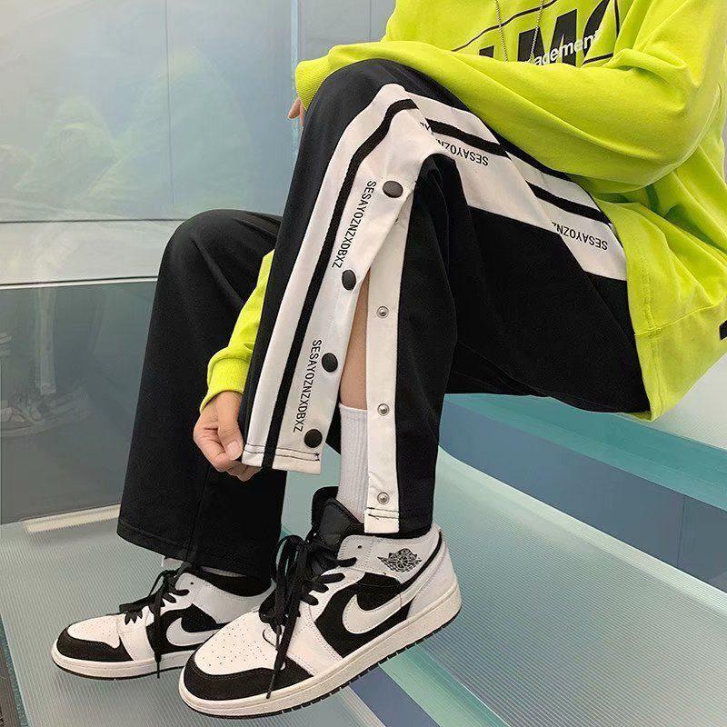 Men's Winter Fleece-Lined Wide-Leg Side Button Straight-Leg Sweatpants