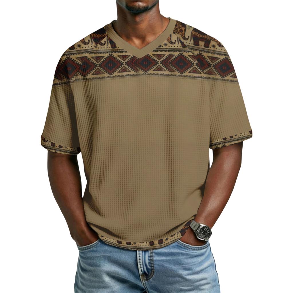 Men's casual stylish retro texture printed short-sleeved shirt Men's breathable V-neck short-sleeved top