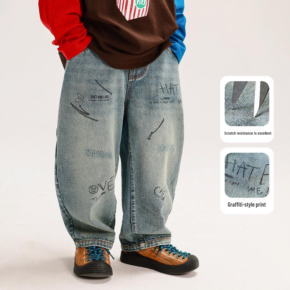 

Джинсы в стиле корейского граффити для мальчиков - Осенние повседневные брюки свободного кроя 160 cm сине серый