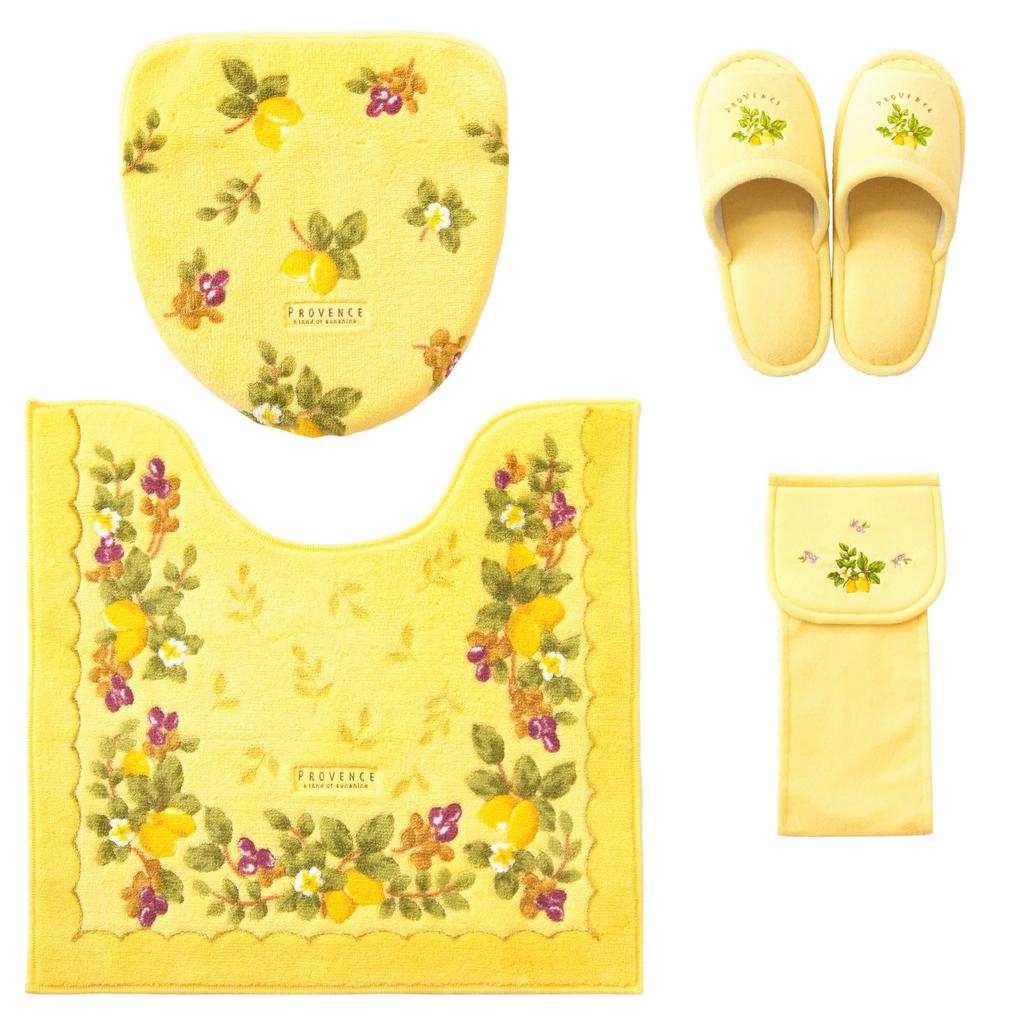 4-Piece Yellow Toilet Mat Set (Made In Japan) - Includes Mat, Lid Cover, Slippers, and Paper Holder Cover. Stylish Provence Ciel Design with Antibacte