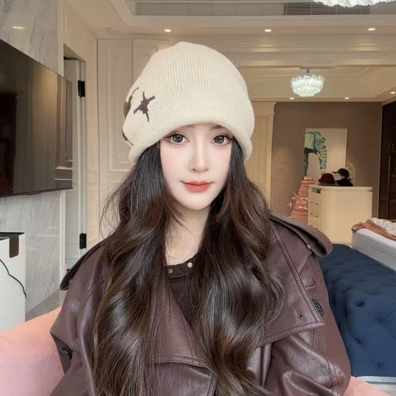 Neuer Stern Kordelzug Hut Damen Retro Strickwollmütze Gesichtszeigende kleine Stapelmütze